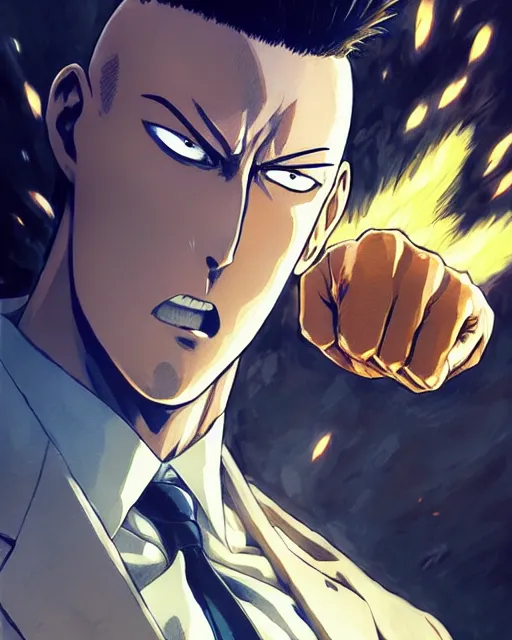 Prompt: one punch man in a suit as gigachad, fantasy character portrait, ultra realistic, concept art, intricate details, highly detailed by greg rutkowski, ilya kuvshinov, laurie greasley, gaston bussiere, craig mullins, simon bisley
