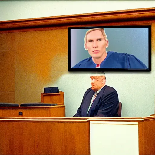 Image similar to jerma 9 8 5, still image of jerma 9 8 5 on trial, courtroom photo, courtroom interior background,