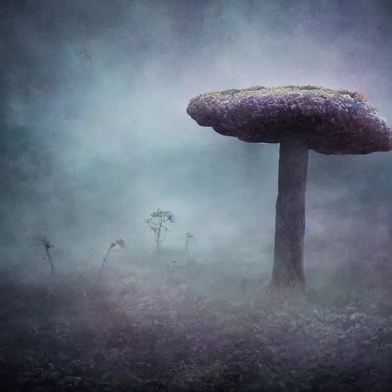 Image similar to a planet of various fungus, mushrooms and plants, inside the picture is infinity, Atmospheric phenomenon, artistic photography, muted colors, conceptual, long exposure outside the city, volumetric light