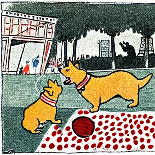 Prompt: illustration of french boy in paris playing football against a corgi, the dog is wearing a polka dot scarf, comic, 1 9 6 2
