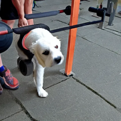 Prompt: a dog lifting weight