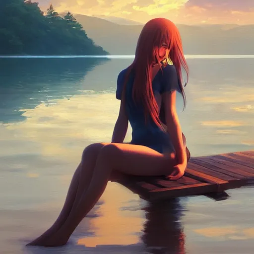 Image similar to woman sitting with her feet in a lake, beautiful and relaxing, very very very long hair, Makoto Shinkai ilya kuvshinov and Wojtek Fus
