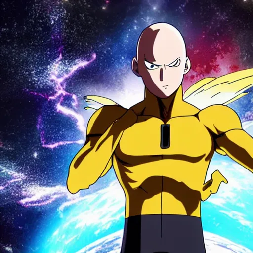 Image similar to saitama\'s punch in space creating portal to a new dimension, high quality anime