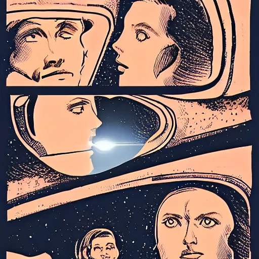 Image similar to space odyssey love story, in the style of tom jung and tizian, beautiful faces, dramatic, tragic, beautiful,