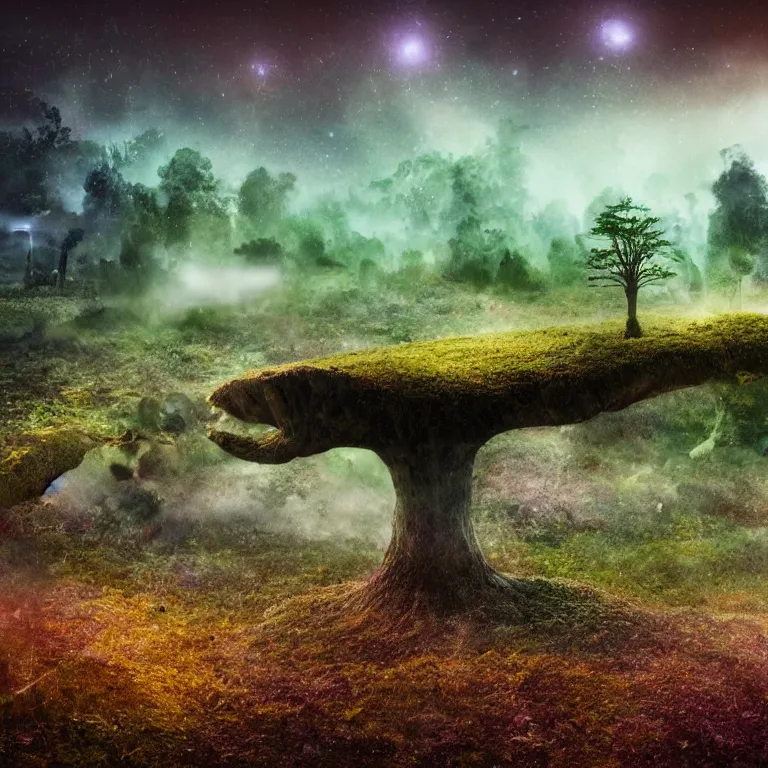 Image similar to a planet of various fungus, mushrooms and plants, inside the picture is infinity, Atmospheric phenomenon, artistic photography, muted colors, conceptual, long exposure outside the city, volumetric light