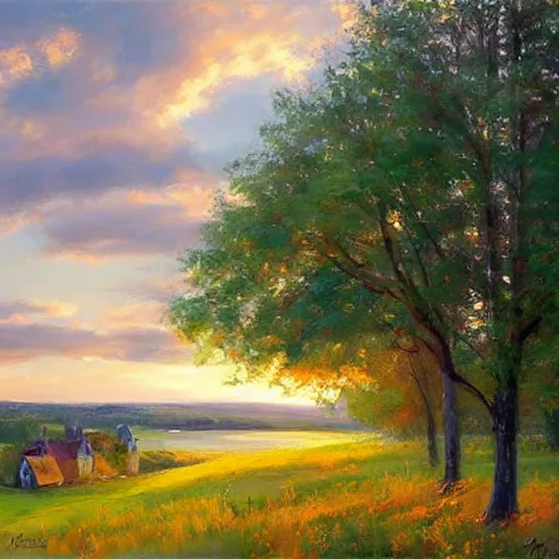 Prompt: Swedish countryside, freedom, dawn, archipelago, painting by Vladimir Volegov