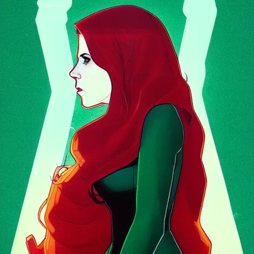 Prompt: Phil Noto comic art, artgerm, Joshua Middleton, cinematics lighting, beautiful Anna Kendrick supervillain Enchantress, green dress with a black hood, angry, symmetrical face, Symmetrical eyes, full body, flying in the air over city, night time, red mood in background