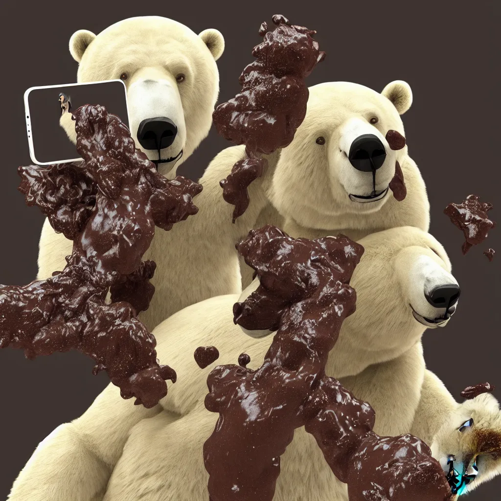 Prompt: digital art, 3 d render, studio lighting, a giant polar bear taking a selfie with a cat covered in chocolate slime, real fur, real feather, real hair, real skin