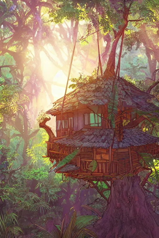 Image similar to a tree house in the jungle, sunshine, by alba ballesta gonzalez and moebius. 4 k wallpaper, digital flat 2 d, japan animation, comic book, illustration, cinematic lighting, smooth sharp focus.