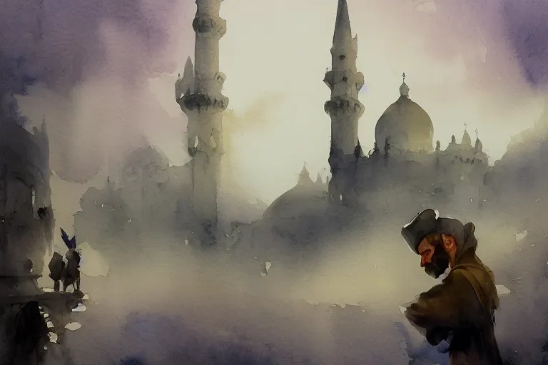 Prompt: small centered on watercolor paper, paint brush strokes, abstract watercolor painting of foggy dawn, ancient arabian mosque castle, cinematic light, national romanticism by hans dahl, by jesper ejsing, by anders zorn, by greg rutkowski, by greg manchess, by tyler edlin