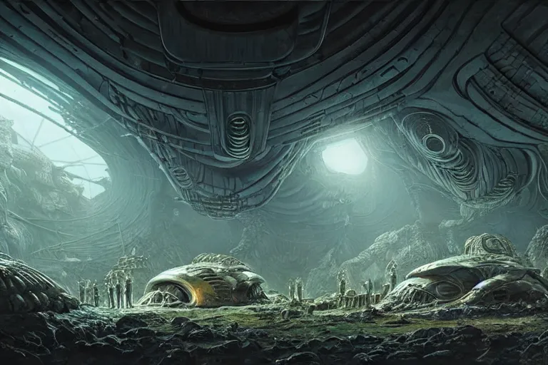 Image similar to Epic science fiction cavescape. In the foreground is soldiers in battle-armor searching, in the background alien machinery and alien eggs. An abandoned alien spaceship is between them. Stunning lighting, sharp focus, extremely detailed intricate painting inspired by H.R. Giger and Simon Stalenhag