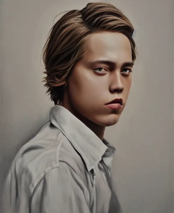 Image similar to cole sprouse art by denys tsiperko and bogdan rezunenko, hyperrealism