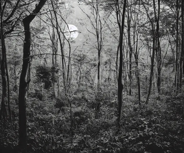 Image similar to a lush dense green forest, colorful glowing vines, black and white wildlife, moon shining, soft tones, night time highly detailed, 50mm