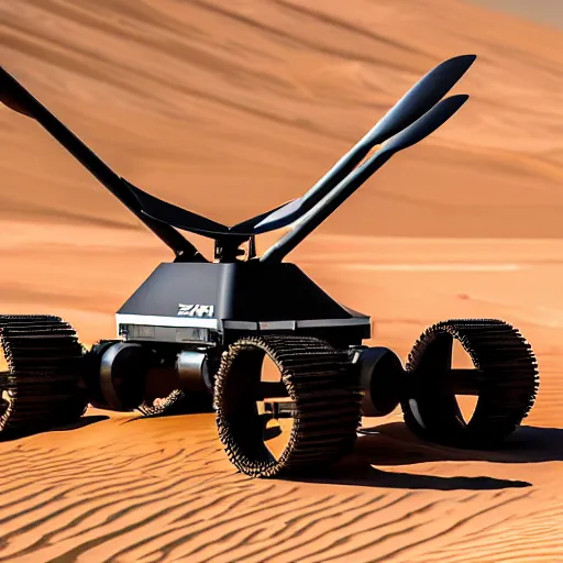 Image similar to zaha hadid, mars rover style peaceful mobile biomimetic rugged anemometer station sensor antenna on all terrain tank wheels, for monitoring the australian desert, XF IQ4, 150MP, 50mm, F1.4, ISO 200, 1/160s, dawn, golden ratio, rule of thirds