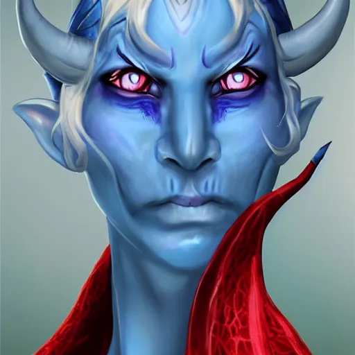 Image similar to female tiefling with blue skin, tendrils, and horns