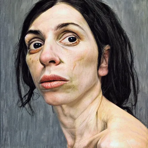 Image similar to high quality high detail painting by lucian freud, hd, portrait of pj harvey, photorealistic lighting