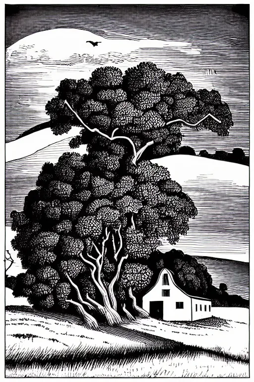 Prompt: realistic barn in pastoral field with trees and hills, art by james o barr and albrecht durer, expresionistic engraving, black and white, vector, vector art