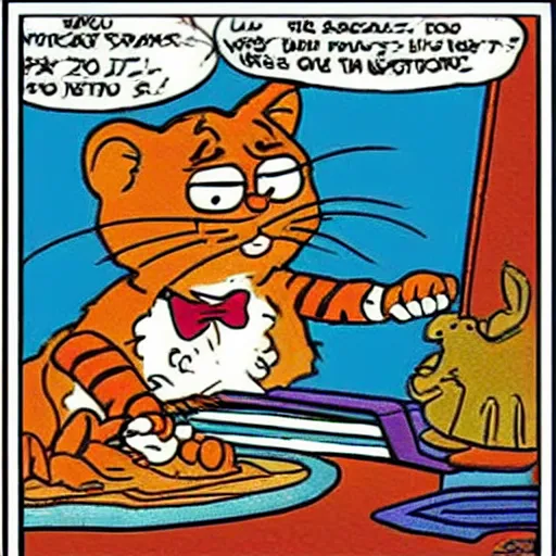 Image similar to “Garfield the cat is in a far side Gary Larson cartoon, comic strip cartoon style, 80s, humorous. ”