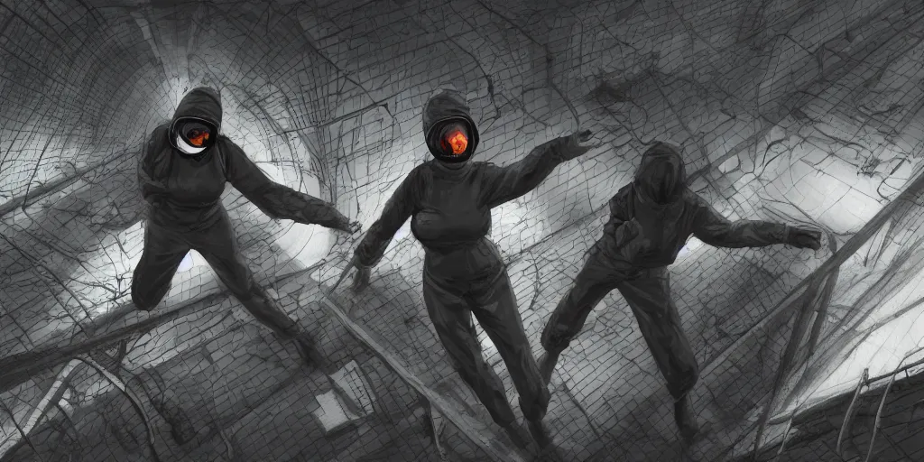 Image similar to woman wearing black beanie and black bomber jacket, holding shotgun, charging toward soldiers, soldiers wearing hazmat suits, underground lab, MC Escher style architecture, sterile, unknown location, light and shadows, fire, bullet shells flying, aerial photography, concept art