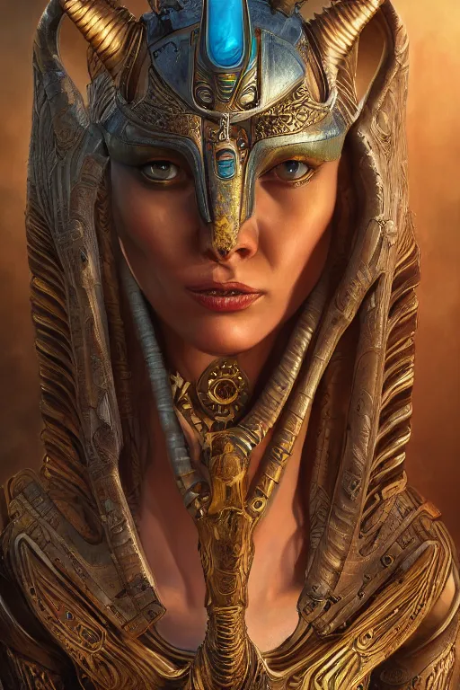 Image similar to portrait of a beautiful female atlantean anubis alien warrior, regal, realistic, refined, detailed digital art, oil painting, michael cheval, esao andrews, art frahm, steampunk, walt disney ( 1 9 3 7 ), highly detailed, cinematic lighting, unreal engine, 8 k, hd