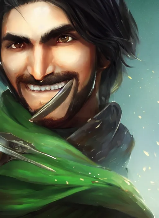 Prompt: a smile male warrior with dark medium hair, sword in hand, green cloak, friendly, confident, reliable. character, closeup headshot, in the style of artgerm, artstation, wlop, alexis franklin, cgsociety, 8 k resolution, detailed