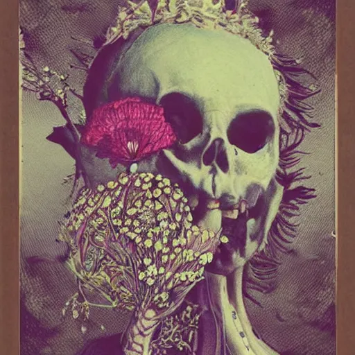 Image similar to a beautiful detailed front view portrait of a rotten woman corpse becoming a skull with fractal plants and fractal flowers and mushrooms growing around, baroque, volumetric light, beautiful lit, polaroid photography