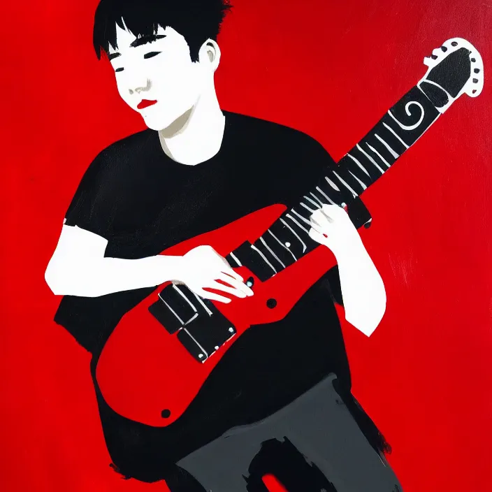 Prompt: minimal brush strokes painting of a young korean man wearing black t shirt holding a telecaster!!! electric guitar!!, dark background, huge dramatic brush strokes, matte colors, abstract, masterpiece, impressionist, trending on artstation