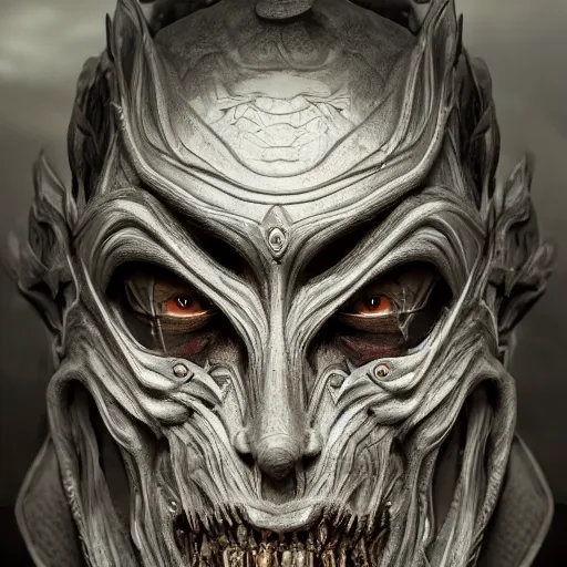 Image similar to Very very very very highly detailed epic photo of demonic face with venetian mask, intricate, dystopian, sci-fi, extremely detailed, digital painting, artstation, concept art, smooth, sharp focus, illustration, intimidating lighting, incredible art by Anton Pieck, Octane render in Maya and Houdini VFX