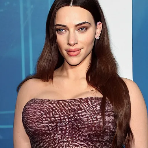 Image similar to a woman who is a genetic combination of kim kardashian and kat dennings and scarlett johansson and margot robbie and emma watson, face and upper - body focus