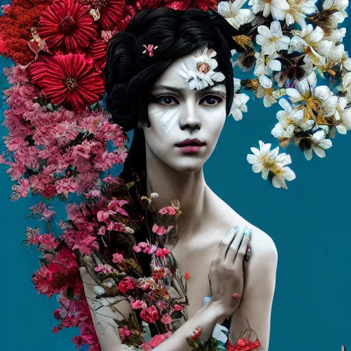 Prompt: A beautiful sculpture by Sandra Chevrier, background flowers by Zhang Jingna, 50mm