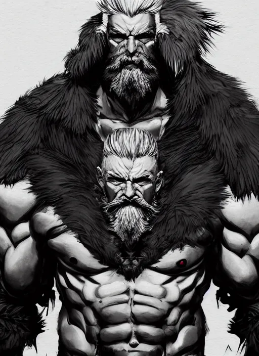 Image similar to Full body portrait of an old muscular man with white hair and black beard wearing bear skin. In style of Yoji Shinkawa and Hyung-tae Kim, trending on ArtStation, dark fantasy, great composition, concept art, highly detailed.