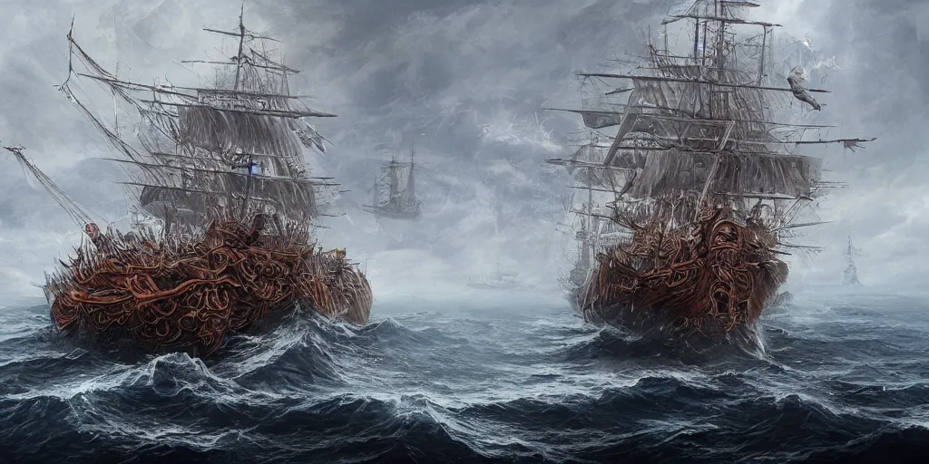 Image similar to there once was a ship that put to sea, the name of the ship was the billy of tea, the winds blew up, her bow dipped down, oh blow, my bully boys, blow by alan lee, intricate, highly detailed, digital painting, artstation, concept art, smooth, sharp focus, illustration, vfx