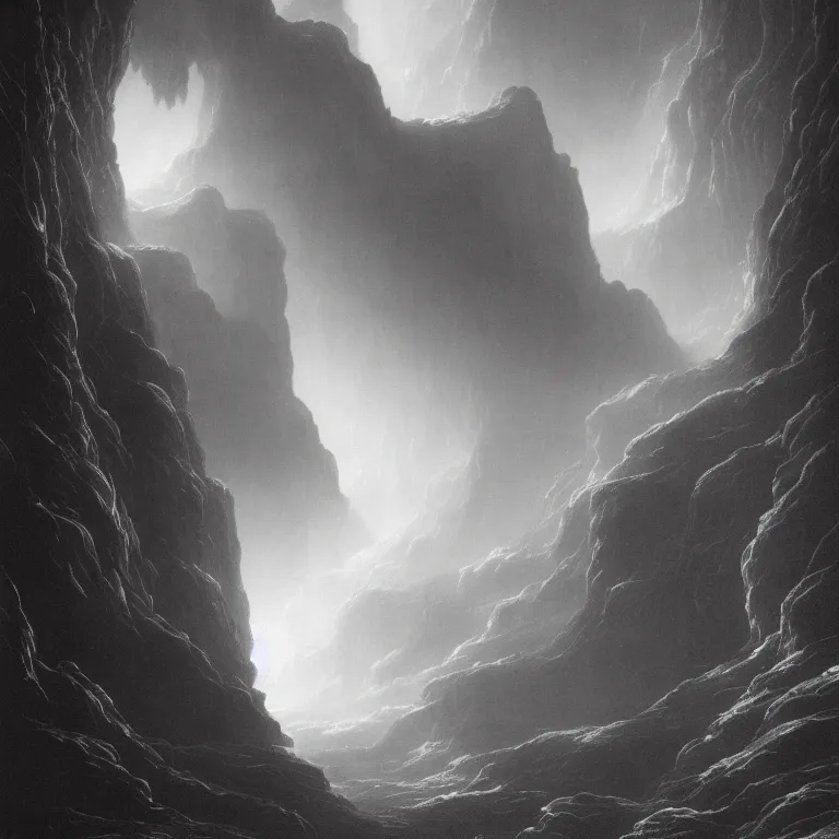 Prompt: Deep canyon void underwater Depth in the style of Ansel Adams, Thomas Cole and Gustave dore