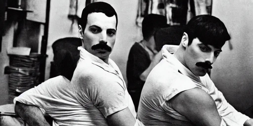 Image similar to freddie mercury sits in a russian prison, black and white photo, realism, 3 5 mm, good lighting