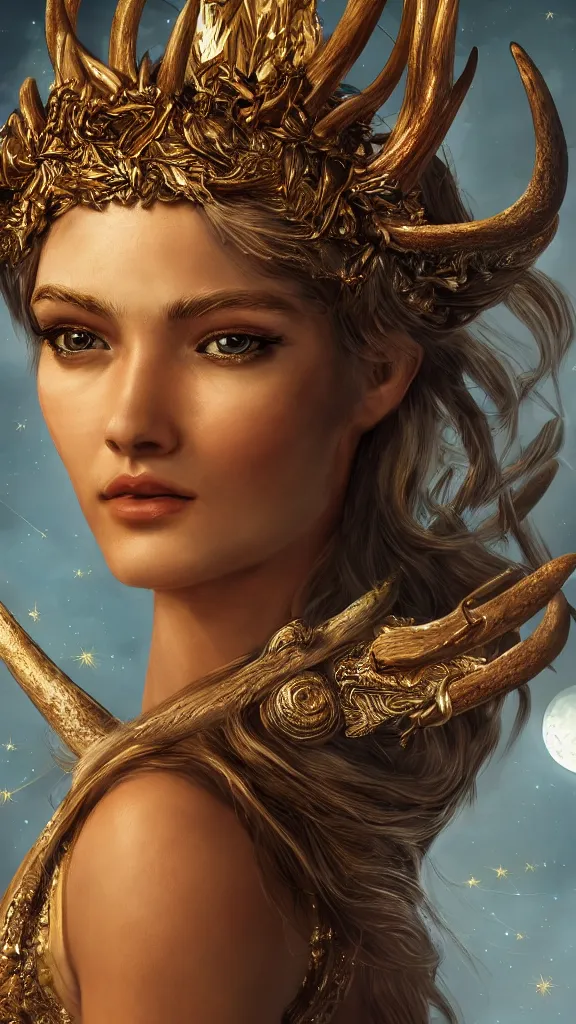 Image similar to highly detailed close up portrait of Artemis, goddess of the hunt and the moon, wearing an antler crown, studio lightning, bright colors, intricate, masterpiece, photorealistic, hiperrealistic, sharp focus, high contrast, Artstation HQ, DeviantArt trending, 4k UHD, Unreal Engine 5