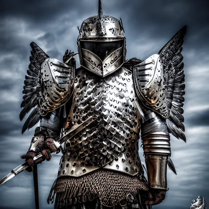 Image similar to photo of a warrior with metal eagle themed armour, highly detailed, 4 k, hdr, smooth, sharp focus, high resolution, award - winning photo