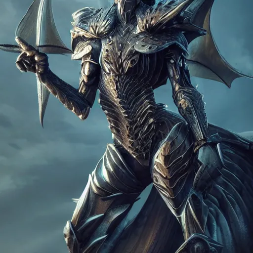 Image similar to highly detailed realistic stunning shot of a beautiful anthropomorphic female dragon knight, doing a majestic and elegant pose, armor made of steel, sharp claws and tail, two wings on her back, HD octane render, epic cinematography, fantasy, Artstation, Deviantart, Furaffinity