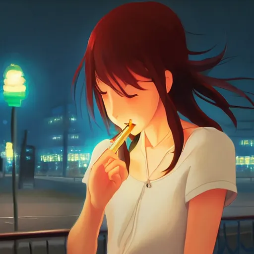 Prompt: a girl smoking, beautiful face, street at night, long hairfine art painting by makoto shinkai, featured on pixiv, hd