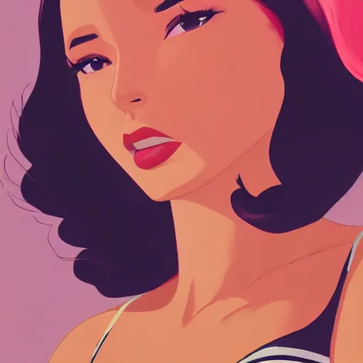 Image similar to portrait of a beautiful girl with dark 1950's style hair dressed in 1950's swimsuit, sunny beach, rich vivid colors, ambient lighting, dynamic lighting, 4k, HQ, official media, anime key visual, makoto shinkai, ilya kuvshinov, lois van baarle, rossdraws, detailed, trending on artstation