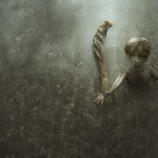 Image similar to sea monster about to eat pov underwater, pale skin, dark yellowish water, foggy water, dark, dramatic,'silent hill ', big eyes, alluring and terrifying, cinematic