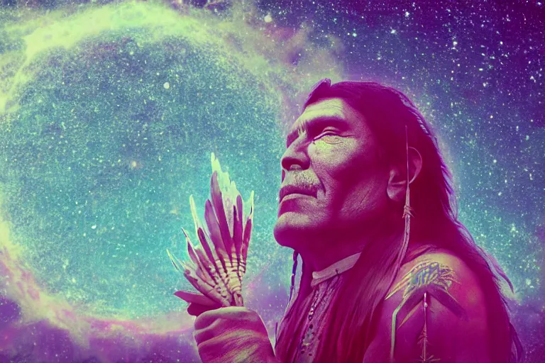 Image similar to photograph of a spiritual native american man looking up at the stars, art, universe, blender, pastel colors, synthwave, retro, cyberpunk,