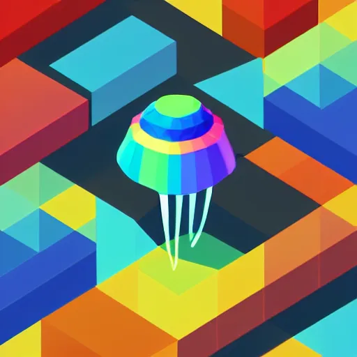 Image similar to isometric vector low poly rainbow jellyfish icon, low poly fragments surrounding it, black background, cgsociety, volumetric lighting, artstationhq