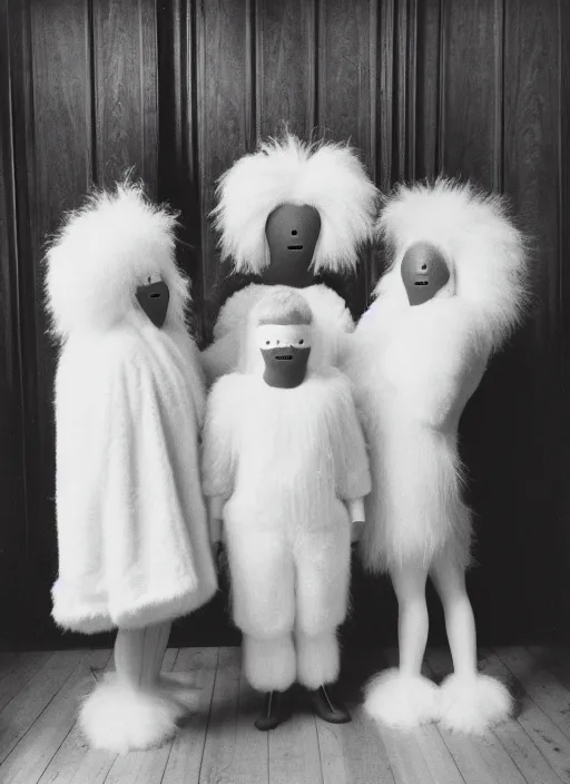 Image similar to realistic photo of the family wearing fluffy hairy masks, faceless, no face, white fluffy cotton shorts, white fluffy cloak, polished and fancy, standing in the wooden room full of wooden bird idol sculptures 1 9 9 0, life magazine reportage photo