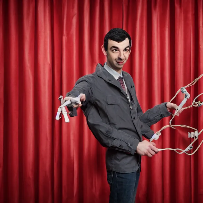 Image similar to dslr photograph of nathan fielder from nathan for you on comedy central behind a puppet stage with a red curtain as multiple marionette puppets controlled by hands holding the strings, high detail!!! 8 k photorealism sharp focus volumetric lighting, coherent!!! art directed