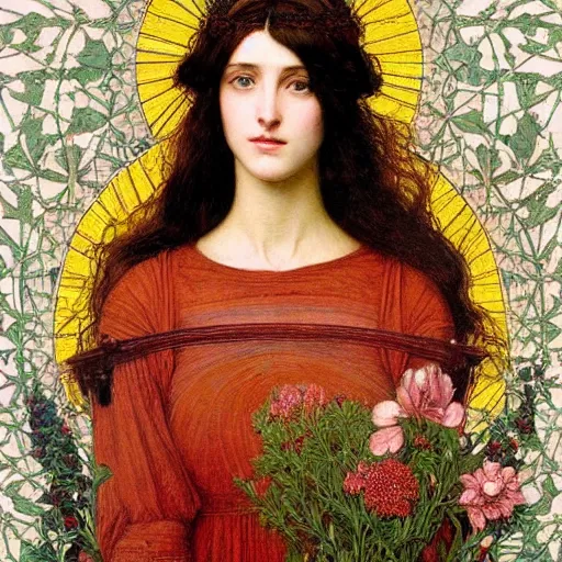 Image similar to Symmetric Pre-Raphaelite painting of a beautiful woman with dark hair in a dark red dress, sitting on a throne of rocks, surrounded by a halo of flowers and neural networks and geometric drawings and mathematical drawings, by John William Waterhouse, Pre-Raphaelite painting