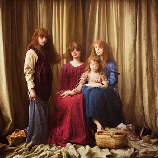 Prompt: painting of a pre - raphaelite family surrounded by clothes, 5 0 mm lens, f 1. 4, sharp focus, ethereal, emotionally evoking, head in focus, volumetric lighting, blur dreamy outdoor,