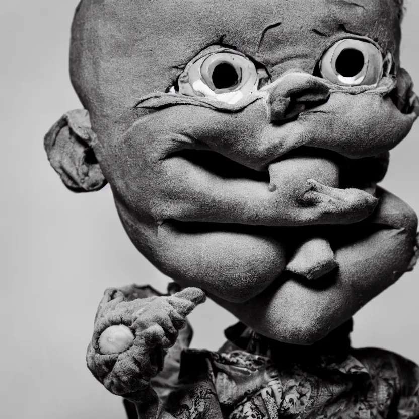 Image similar to creepy ventriloquist dummy in the style of roger ballen, 4 k, bw, portrait