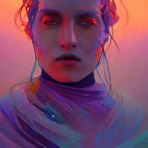 Image similar to colorful character portrait of a woman in a dark desert lit by the stars, wispy smoke, highly detailed face, very intricate, symmetrical, cinematic lighting, award - winning epic painting, painted by mandy jurgens, pan futurism, dystopian, bold colors, dark vibes, cyberpunk, groovy vibe, anime aesthetic, featured on artstation