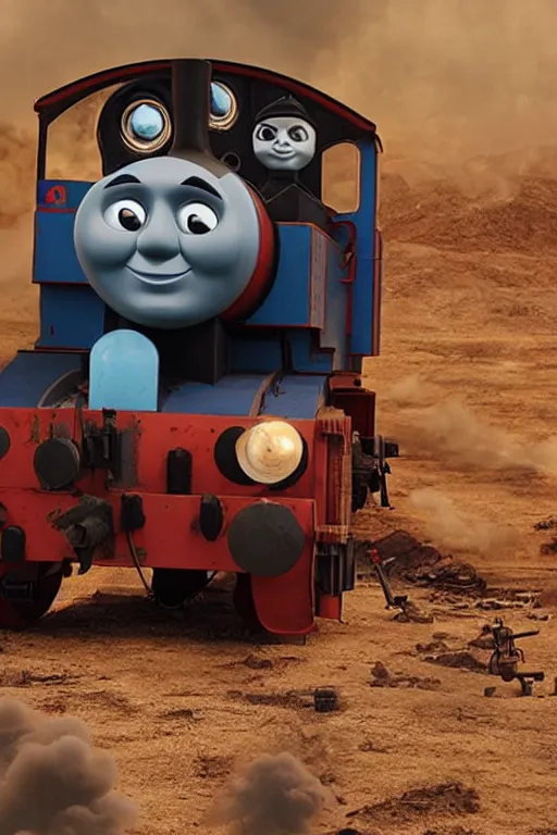 Image similar to Thomas the Tank Engine in the fiery Wasteland of MAD MAX: FURY ROAD