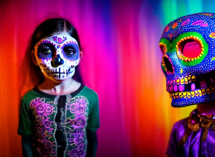 Image similar to a child wearing dia de los muertos costume sits in a cage, behind bars, during a laserium lasershow, whispers secrets to her alejbrie animal spirit. sharpe matte painting, lowbrow, pop surrealism art style, alebrijes aesthetic, contemporary art illustration, photography by steven curry, ultra real 8 k photography